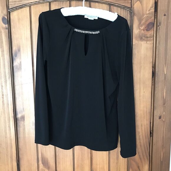 Liz Claiborne Dressy Top Women's Size M Black Keyhole Neck w/ Beads Long Sleeve - Picture 5 of 11